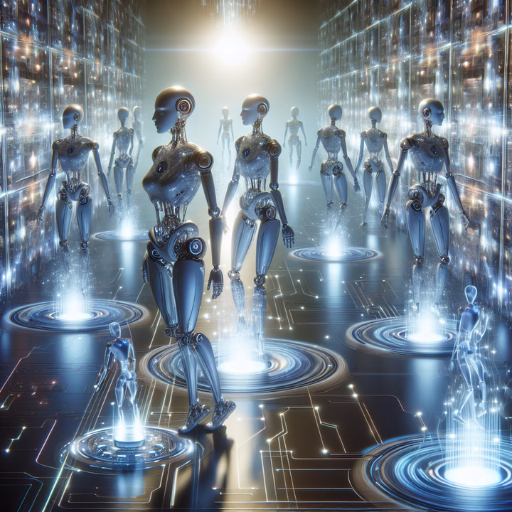 Illustration von KI-Bots, die durch das Internet navigieren und Daten scrapen, um ihre Algorithmen zu verbessern.