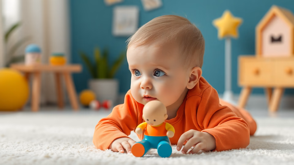 Ein Baby spielt mit einem Spielzeug und zeigt Neugier in einer bunten Umgebung.