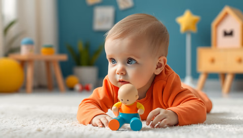 Ein Baby spielt mit einem Spielzeug und zeigt Neugier in einer bunten Umgebung.