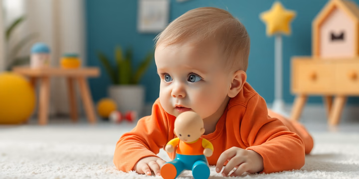 Ein Baby spielt mit einem Spielzeug und zeigt Neugier in einer bunten Umgebung.