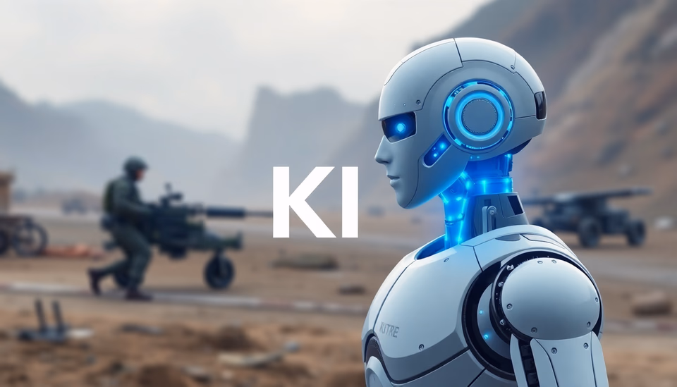 Ein Roboter, der in einem Militärumfeld steht und nachdenklich wirkt, symbolisiert die Ethik von KI in der Kriegsführung.