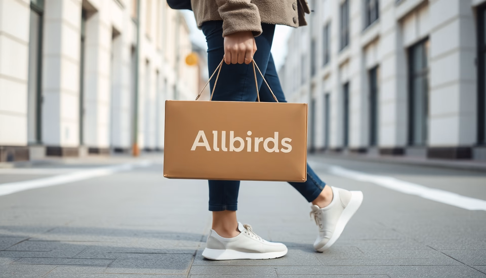 Eine Person, die Allbirds-Schuhe trägt, während sie eine Allbirds-Box auf einem Stadt Gehweg trägt.