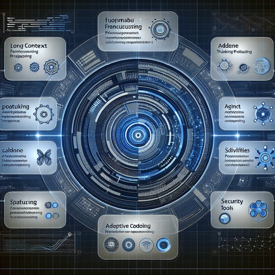 Grafische Darstellung der Funktionen von Claude Opus 4.6, die lange Kontextverarbeitung, agentische Codierung und Sicherheitsmechanismen verdeutlicht.