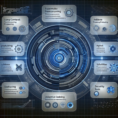 Grafische Darstellung der Funktionen von Claude Opus 4.6, die lange Kontextverarbeitung, agentische Codierung und Sicherheitsmechanismen verdeutlicht.