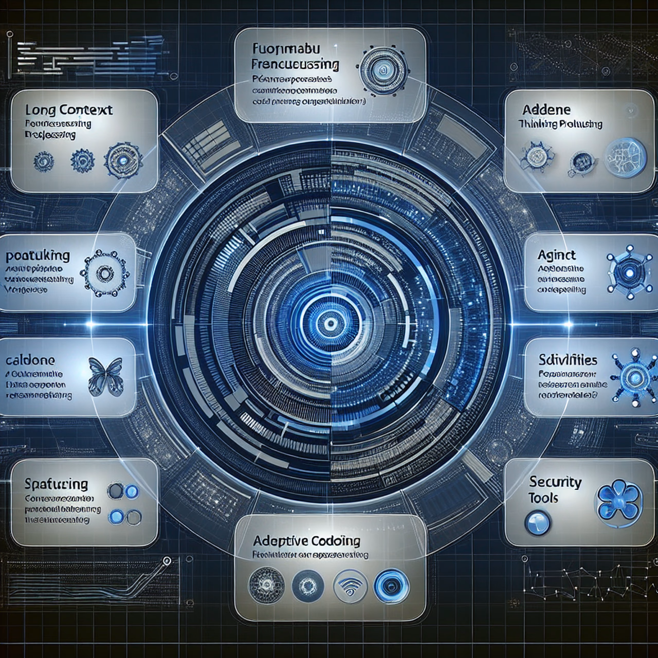 Grafische Darstellung der Funktionen von Claude Opus 4.6, die lange Kontextverarbeitung, agentische Codierung und Sicherheitsmechanismen verdeutlicht.