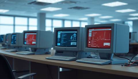 Ein retro Computer in einem modernen Büroumfeld, der eine Benutzeroberfläche für einen Desktop-Agenten zeigt.