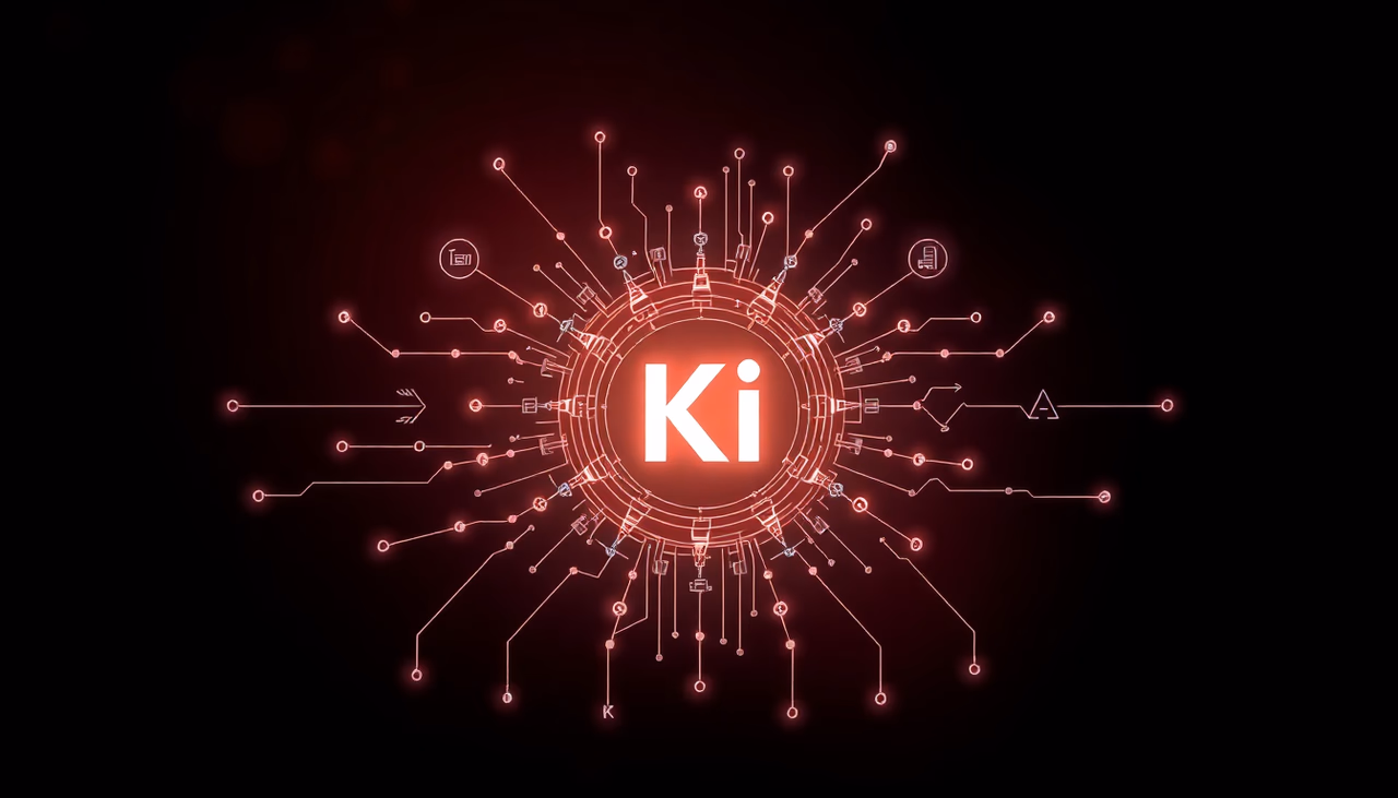Symbolische Darstellung eines KI-Agenten, umgeben von Datenanalysen und elektronischen Bauteilen.
