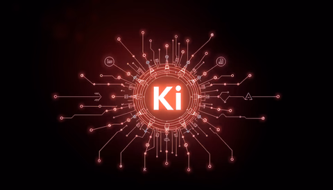 Symbolische Darstellung eines KI-Agenten, umgeben von Datenanalysen und elektronischen Bauteilen.