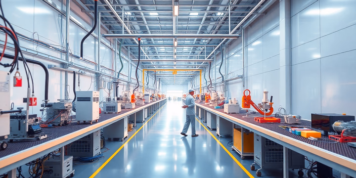 Moderne Halbleiterfabrik mit Ingenieuren und hochentwickelten Maschinen in Aktion.