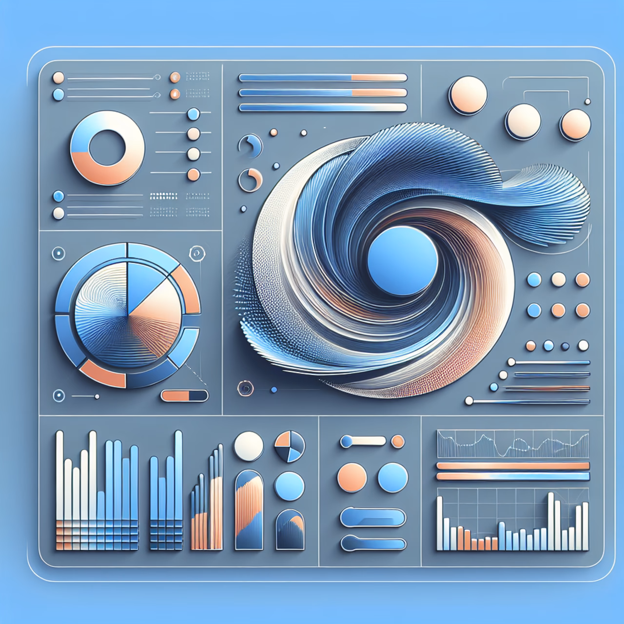 Abbildung, die eine moderne generative Benutzeroberfläche zeigt, inklusive Diagrammen und interaktiven Elementen.