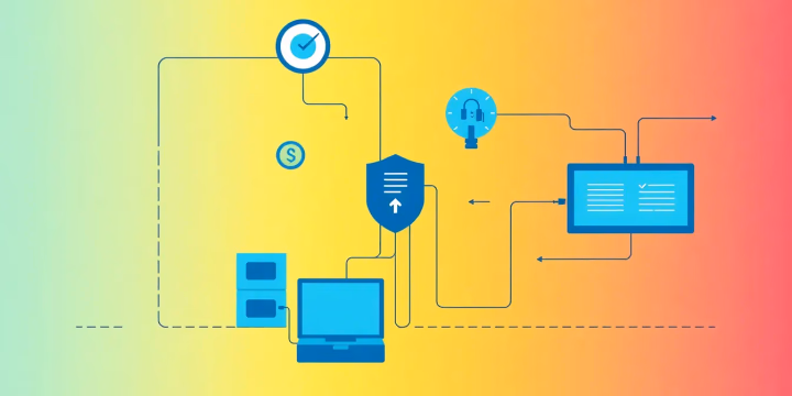 Minimalistische technische Illustration über automatisierte Entscheidungssysteme in der Sicherheitstechnik