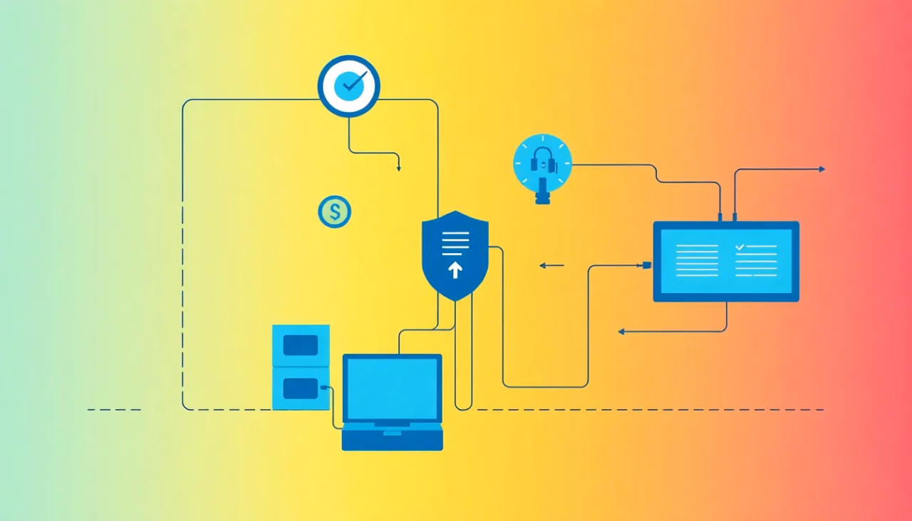 Minimalistische technische Illustration über automatisierte Entscheidungssysteme in der Sicherheitstechnik