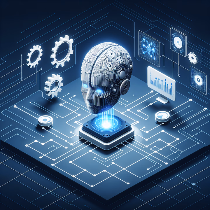 Illustration einer künstlichen allgemeinen Intelligenz in einem technischen Design mit blauen und weißen Farben.