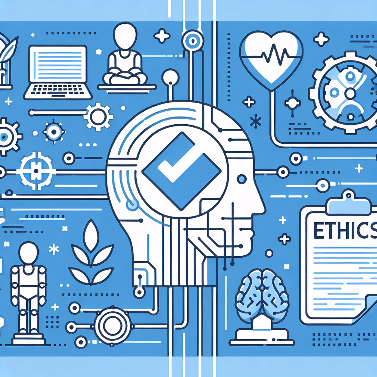 Minimalistische technische Illustration zum Thema Künstliche Intelligenz Ethik in modernen, klaren Stil in blauen und weißen Farben.