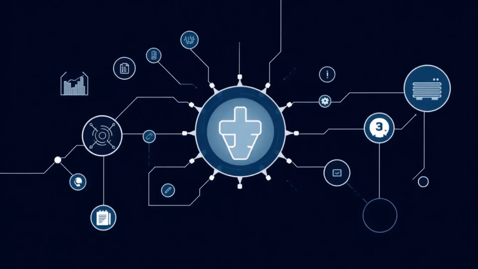 Minimalistische technische Illustration, die KI in der Gesundheitsversorgung darstellt.