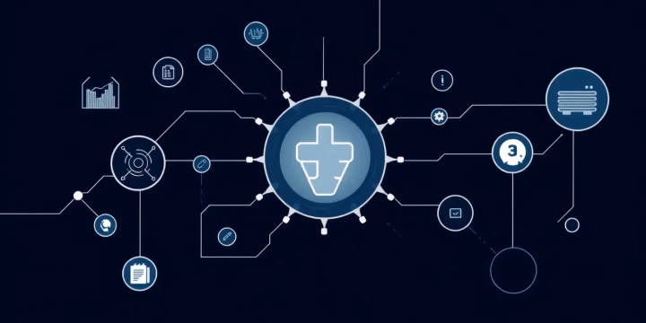 Minimalistische technische Illustration, die KI in der Gesundheitsversorgung darstellt.