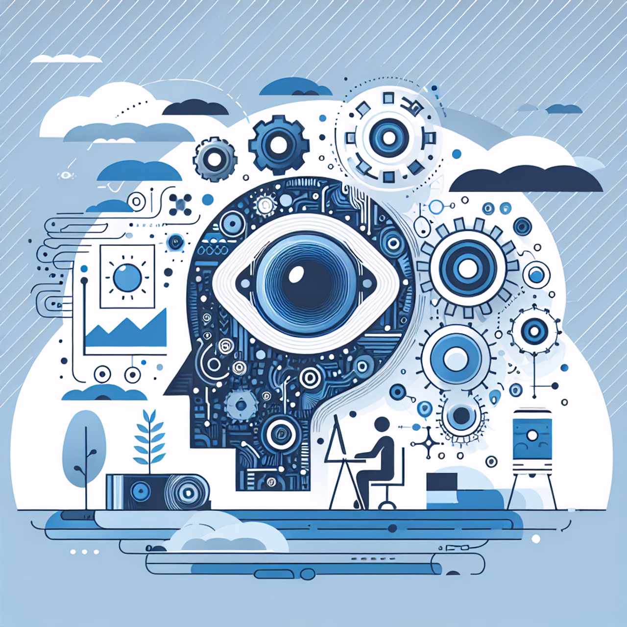 Technische Illustration der Verarbeitung natürlicher Sprache in modernem, klarem Stil, mit hohem Kontrast, in Blau und Weiß.