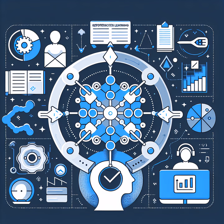 Technische Illustration von Reinforcement Learning aus menschlichem Feedback, stilisiert in Blau und Weiß.