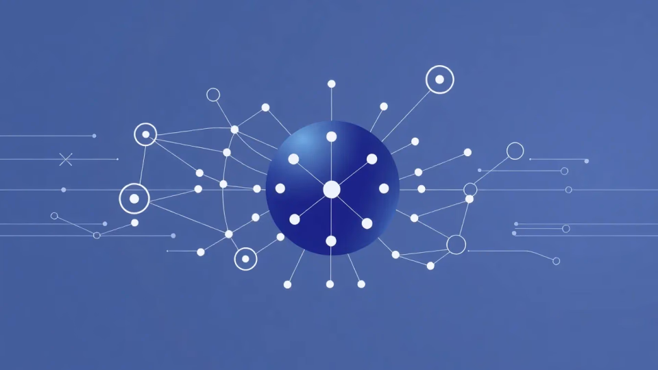 Eine minimalistische technische Illustration des Semantic Web und Künstlicher Intelligenz.