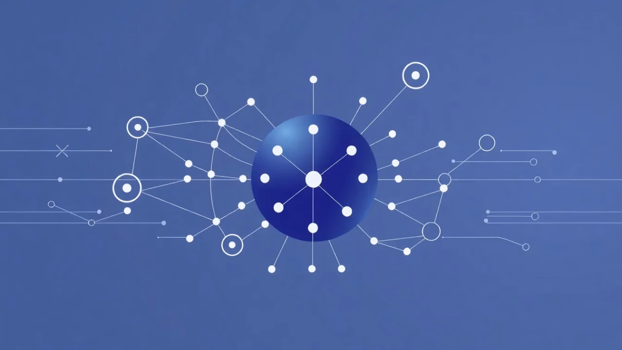 Eine minimalistische technische Illustration des Semantic Web und Künstlicher Intelligenz.