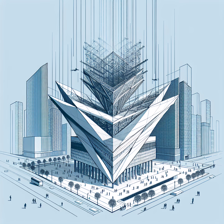 Minimalistische technische Darstellung der Transformer-Architektur in modernen, klaren blauen und weißen Farben.