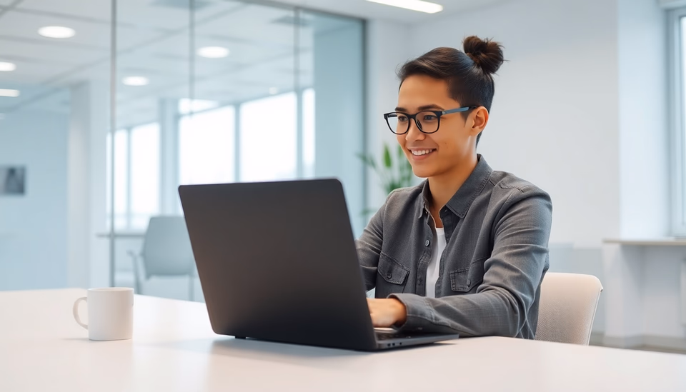Eine Person, die in einem modernen Büro an einem Laptop arbeitet und mit Google Docs sowie AI-Tools interagiert.