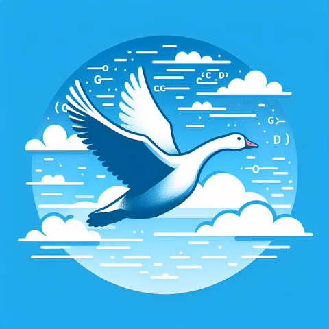 Vektorgrafik eines weißen Gänsesilhouetten, die durch einen blauen Himmel fliegt und Technologie und Innovation in Programmierwerkzeugen repräsentiert.