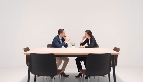 Zwei Menschen bei einem Diskussionsprozess über KI und Ethik an einem Tisch