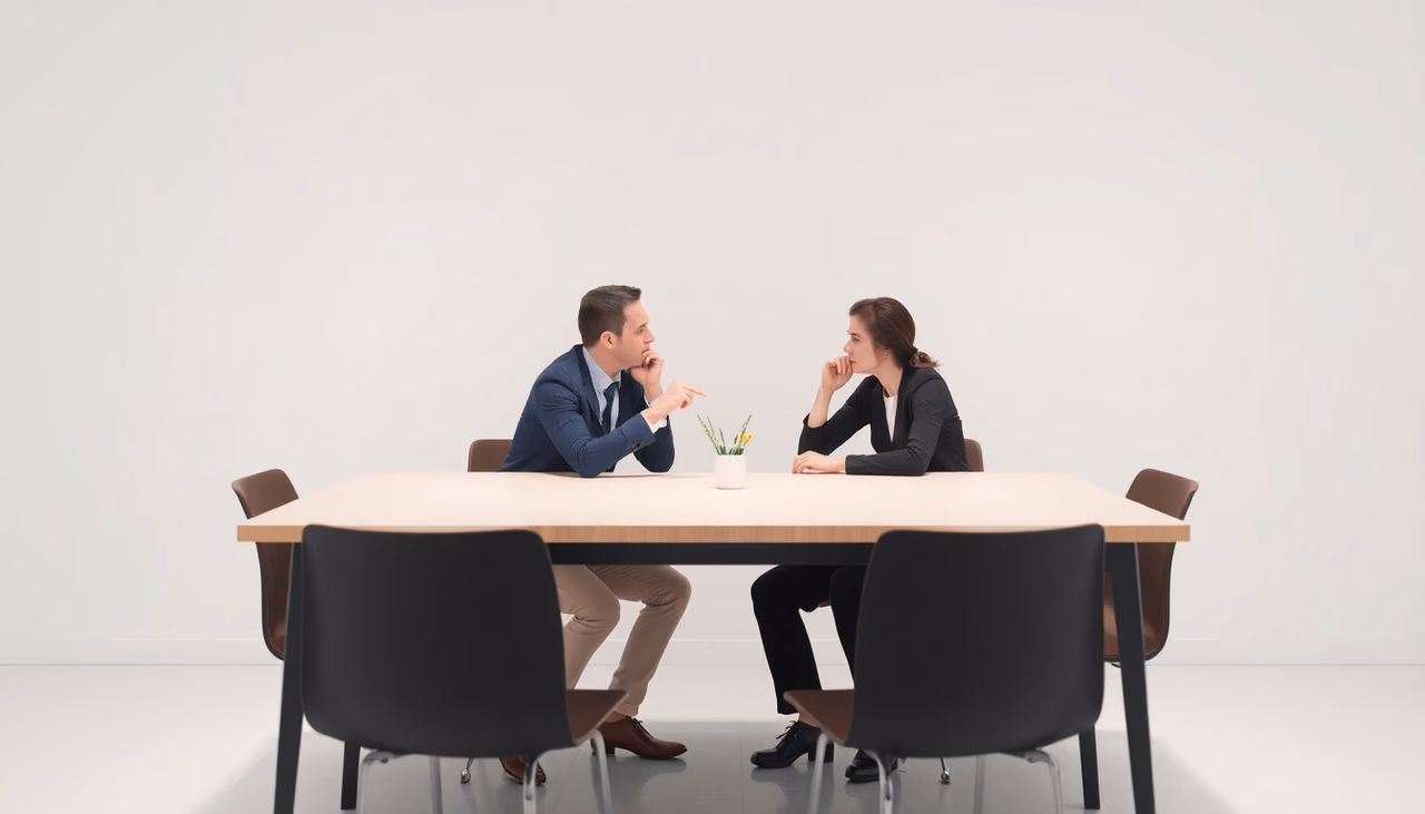 Zwei Menschen bei einem Diskussionsprozess über KI und Ethik an einem Tisch
