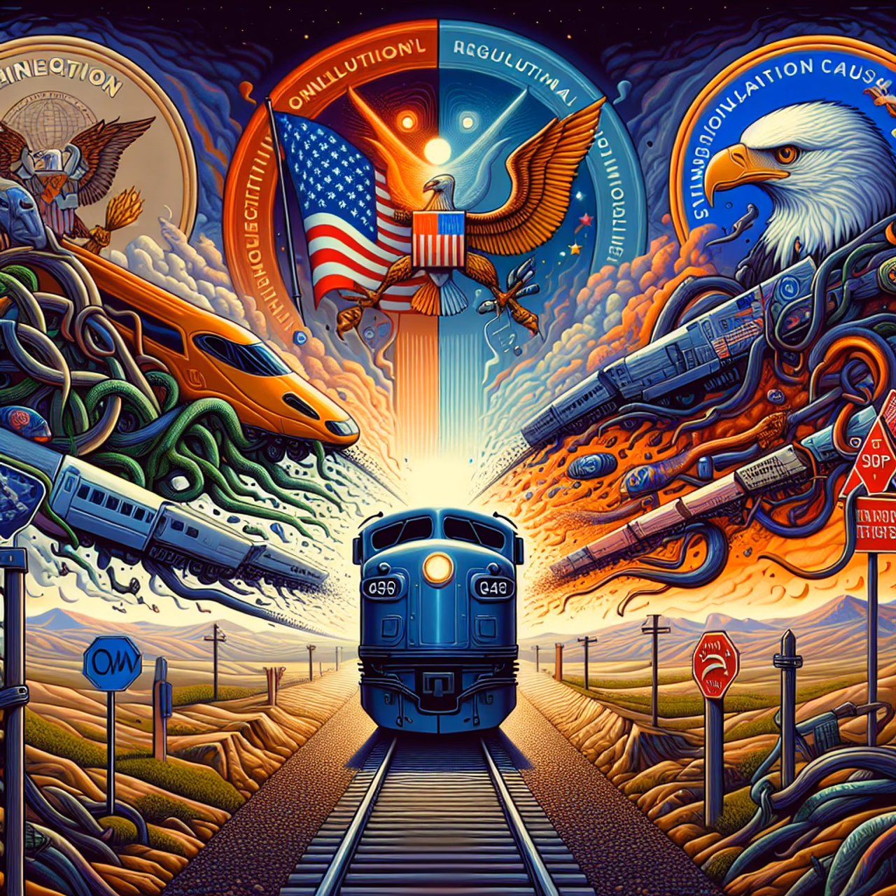Eine visuelle Darstellung eines Konflikts über die Regulierung von künstlicher Intelligenz, symbolisiert durch einen entgleisten Zug.