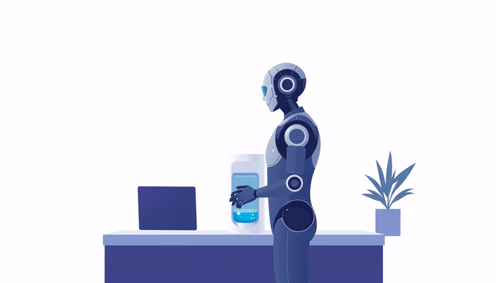Eine digitale Darstellung eines Büroumfelds, in dem ein Mensch und eine KI, dargestellt durch eine pixelierte Figur, an einem Wasserspender interagieren.