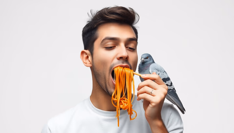 Eine Person, die Spaghetti isst, während ein Vogel auf ihrer Schulter sitzt.
