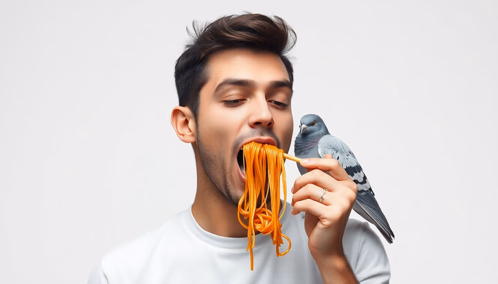Eine Person, die Spaghetti isst, während ein Vogel auf ihrer Schulter sitzt.