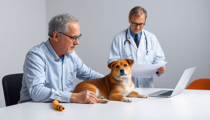 Paul Conyngham sitzt mit seiner Hündin Rosie, die an Krebs erkrankt ist, am Tisch; ein Arzt schaut sich Unterlagen an.