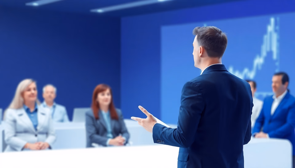 Illustration eines KI-Agenten in einem Anzug, der vor Publikum spricht, symbolisiert die Integration von KI im Geschäftsleben.