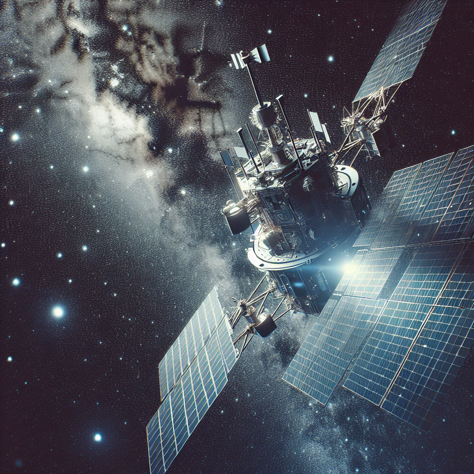 Graphische Darstellung von Satelliten im All, die Daten und Informationen untereinander austauschen für verteiltes maschinelles Lernen.