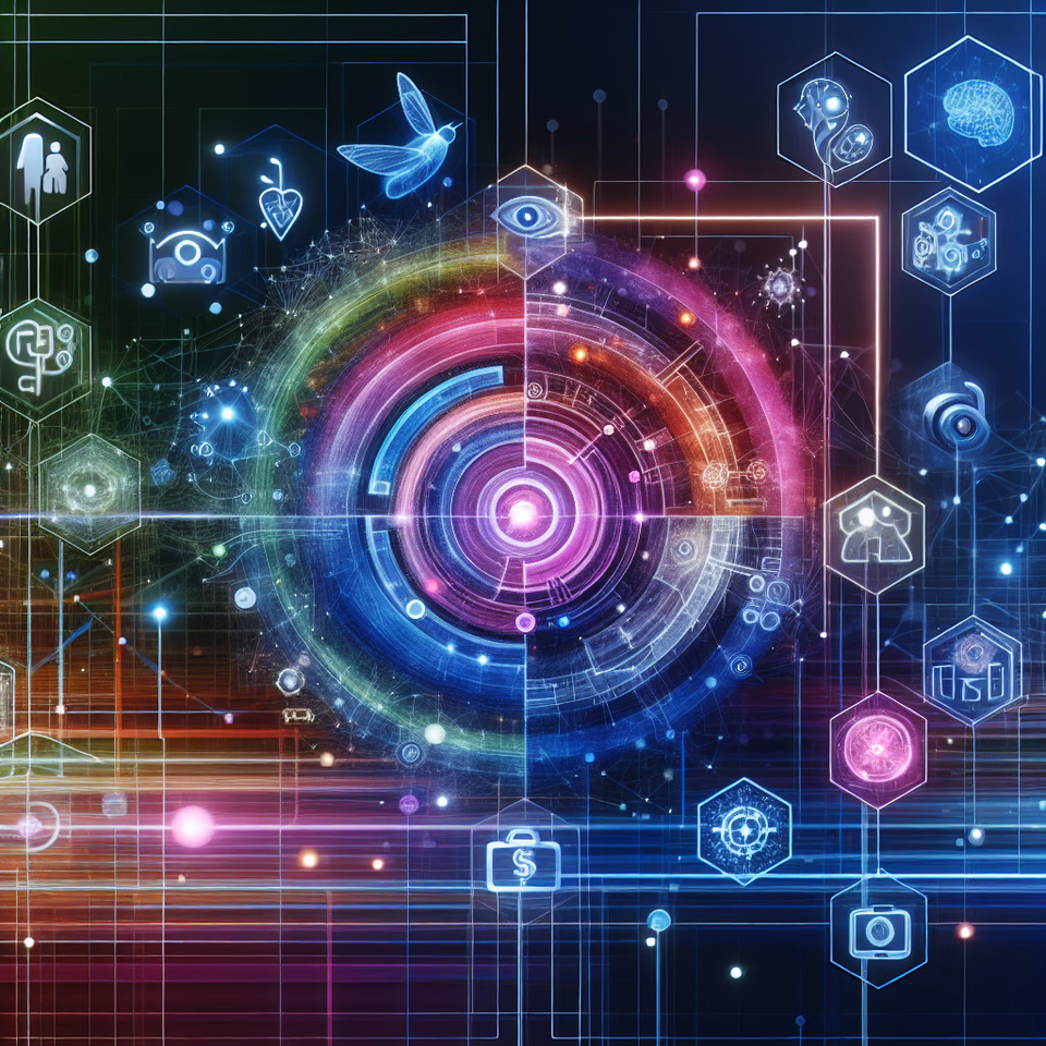 Ein modernes Bild, das den Einfluss von Künstlicher Intelligenz auf verschiedene Branchen zeigt, einschließlich Grafik-Elementen von Computern und menschlicher Interaktion.