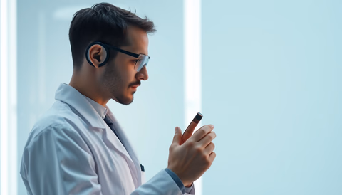 Ein futuristischer Wissenschaftler interagiert mit einer Künstlichen Intelligenz in einem hochmodernen Forschungslabor.