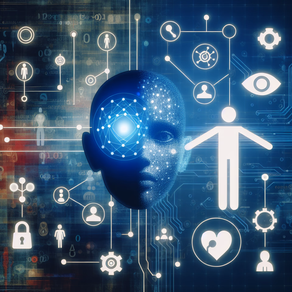 Ein Bild, das die emotionale Bindung zwischen Mensch und KI symbolisiert, verdeutlicht durch digitale Kommunikationssymbole und zwischenmenschliche Interaktionen.