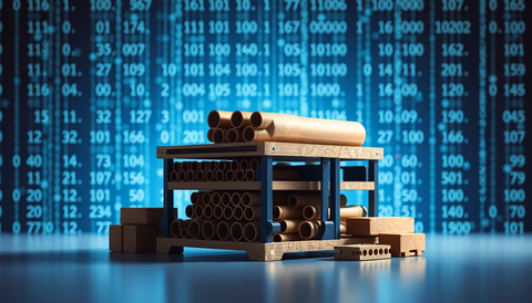 Collage eines Lagers mit Aktenschachteln und binärem Code, illustrating the intersection of classified data and artificial intelligence.