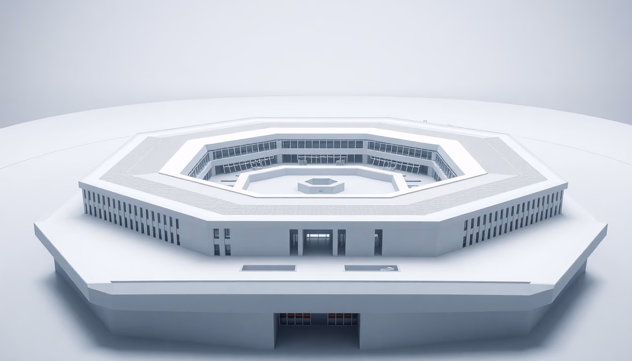 Das Pentagon mit modernen Technologie-Elementen im Hintergrund, die Künstliche Intelligenz symbolisieren.