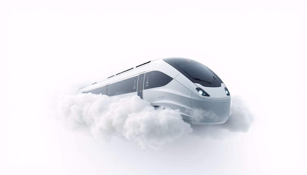 Futuristisches Bild eines Hochgeschwindigkeitszuges, der symbolisch aus einer Cloud herausfährt, das die innovative Cloud-Infrastruktur von Railway darstellt.
