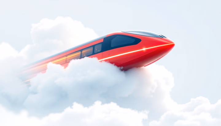 Eine stilisierte Darstellung eines modernen Hochgeschwindigkeitszugs, der aus einer Wolke ausbricht, symbolisiert blitzschnelle Cloud-Bereitstellung.