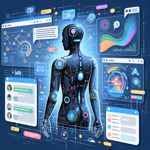 Illustration eines Slackbots, der verschiedene Unternehmensdaten analysiert und in einem Chatfenster visualisiert.