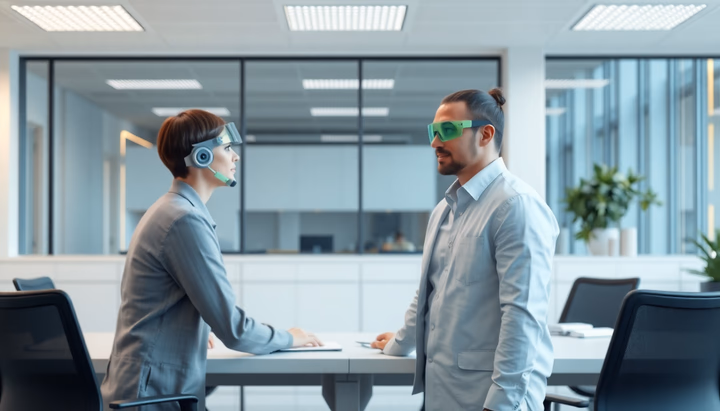 Mitarbeiter in einem modernen Büro, die mit dem Slackbot-KI-Agenten auf dem Bildschirm interagieren.
