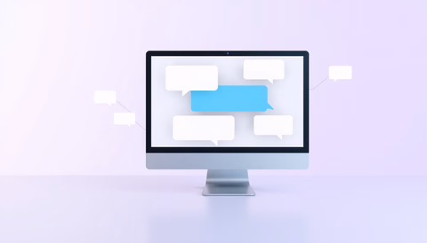 Vector illustration of chat bubbles displayed on a computer screen, representing communication in a workplace setting.