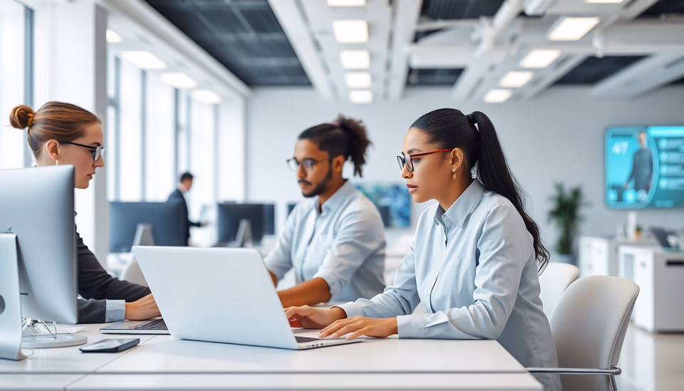 Ein modernes Büro mit einem bunten Team von Ingenieuren, die an KI-Projekten zusammenarbeiten.