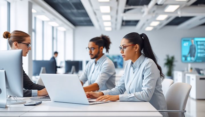 Ein modernes Büro mit einem bunten Team von Ingenieuren, die an KI-Projekten zusammenarbeiten.