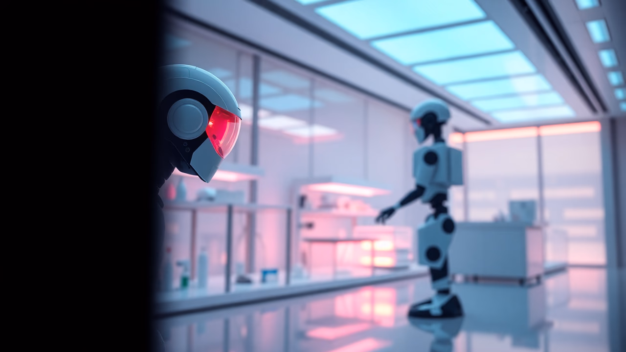 Futuristisches Labor mit KI und Robotern für die Arzneimittelentwicklung.