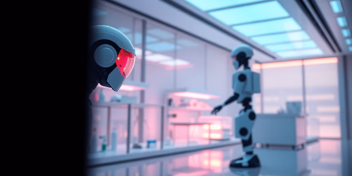 Futuristisches Labor mit KI und Robotern für die Arzneimittelentwicklung.